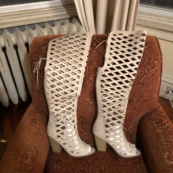 Nature Breeze Shoes - Nature Breeze over the knee peep toe sandal boots